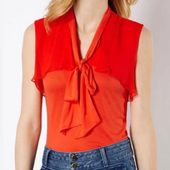 Karen Millen, NWT Orange Red Tie Neck Silk Jersey Knit Sleeveless Top Size 10 - Picture 2 of 8
